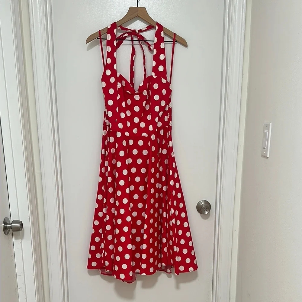 HELL BUNNY | Marian Red and White Polka Dot Halter Flare Vixen Pinup Party Dress - Picture 2 of 6